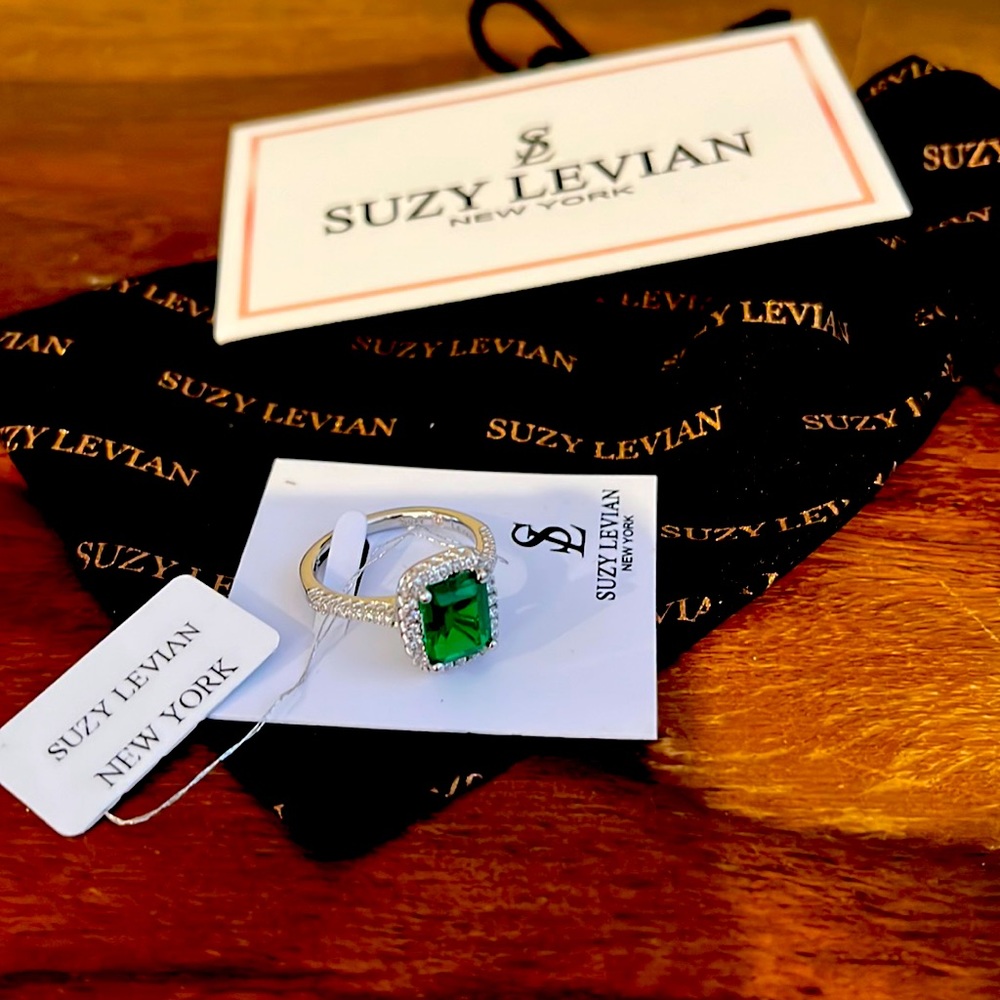 Suzy Levian Ring, Sterling Silver Emerald Cut CZ Halo Ring.